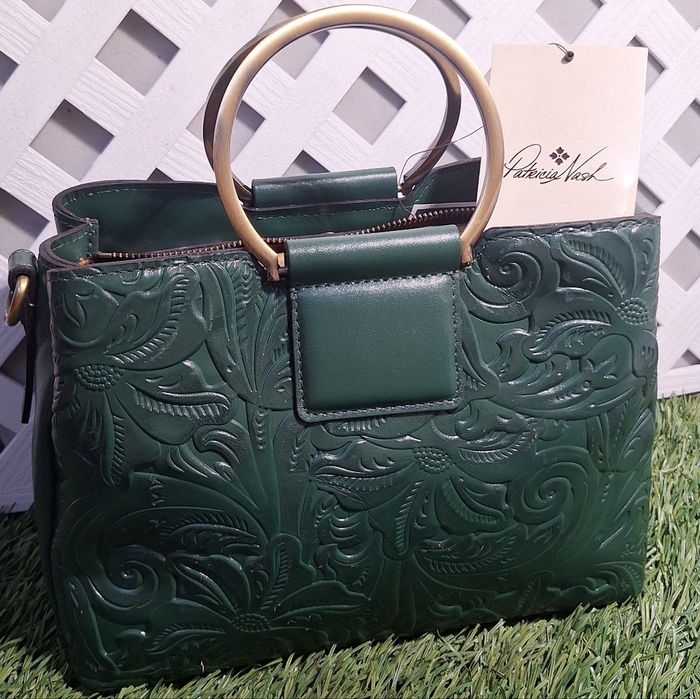 NWT Patricia Nash Empoli Burnished Tooled Leather Green Satchel Crossbody Bag